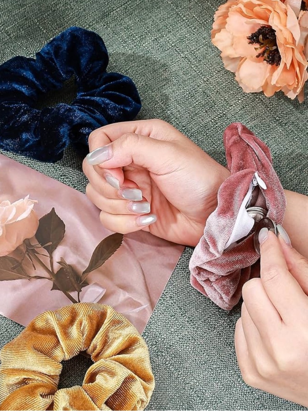 Secret Pocket Bold soft Velvet Scrunchie Hair Accessory - Great for traveling